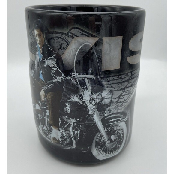 New Elvis Presley Coffee Mug Raised Motorcycle Wings The King 2016 Black Handle - Picture 3 of 16